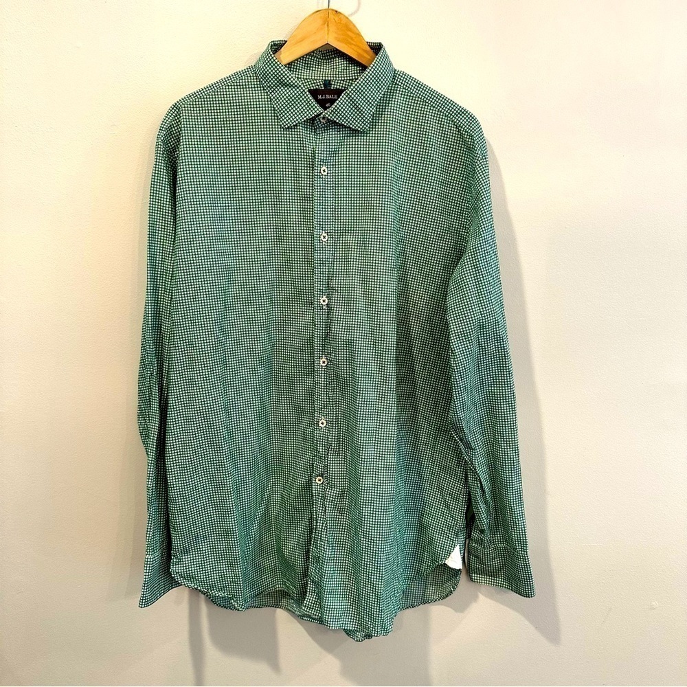 MJ Bale Mens Shirt 46 Slim‎ Fit Green Check Long Sleeve Button Collared Shirt